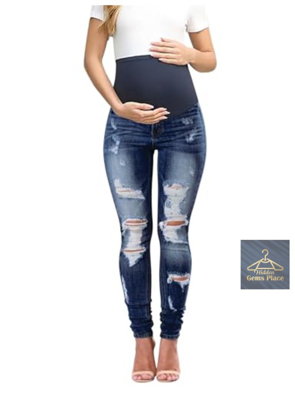 Maternity Jeans Over The Belly Slim Stretch High Waisted Ripped Work Pants